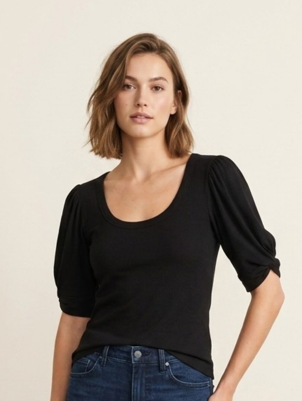 EVEREVE Black Ribbed Scoop Neck Puff Sleeve Top Size M